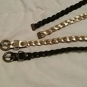 Set of two skinny braided belts. Gold and black.
